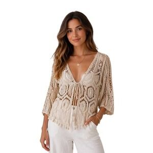 Fever Womens Crochet Cardigan Cream Cotton Tie Front Tassel Boho Shrug S